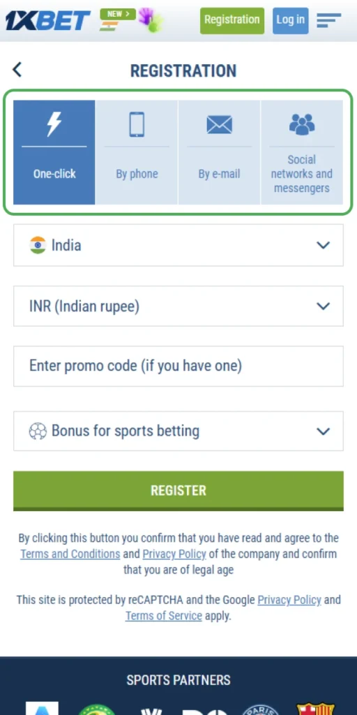 Choose the way to sign up on the 1xbet website.
