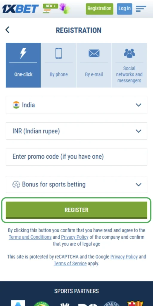 Complete the registration process on the 1xbet website.