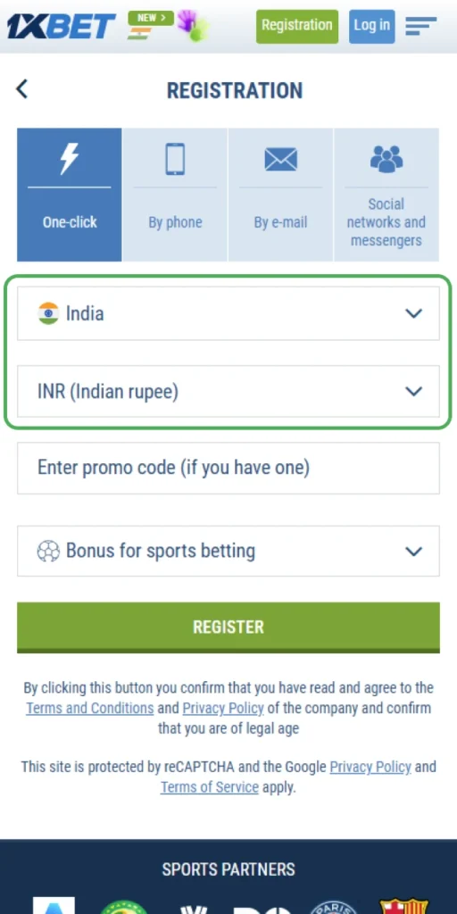 Select your country and currency to complete your 1xbet registration.