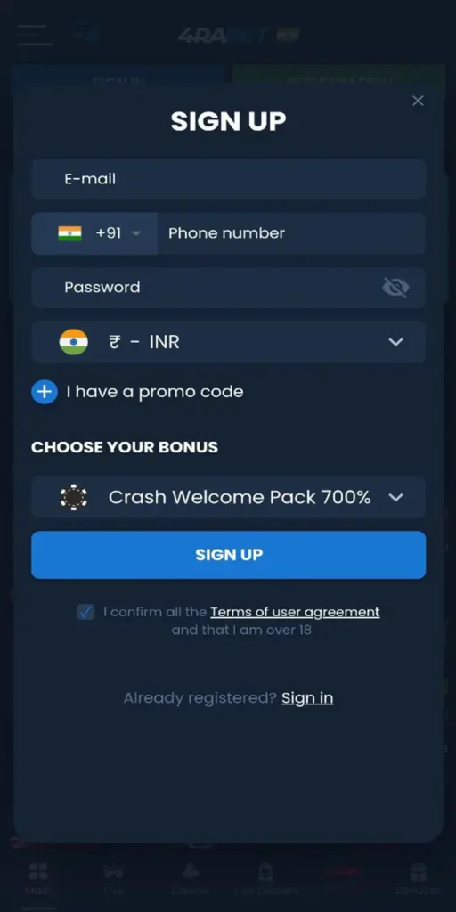Register your live casino personal account and start winning.