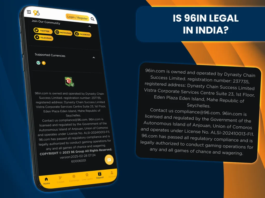 96in operates under the Anjouan license, which allows users from India to play legally on the platform.