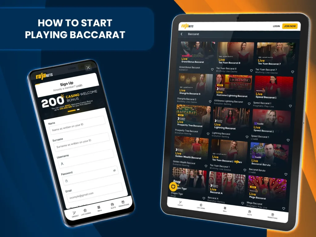 Sign up, make a deposit and start playing Baccarat at the live casino.