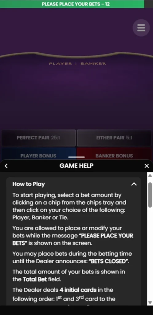 Rules for playing Baccarat in a live casino.