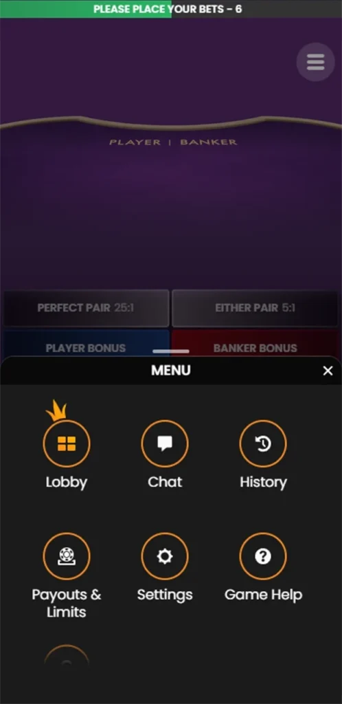 Baccarat game menu in a live casino.