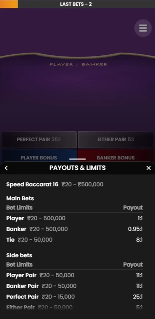 Limits and payouts in the Baccarat game at the live casino.
