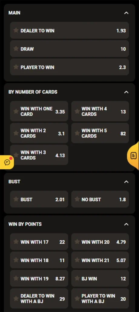 Types of bets in live casino Blackjack.