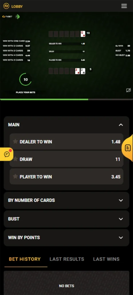Live casino Blackjack betting.