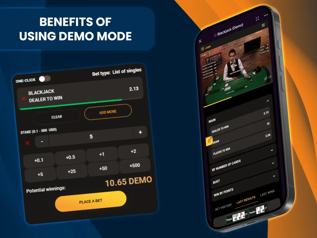 Learn the rules and practice strategies without losing money in demo mode at the live casino.