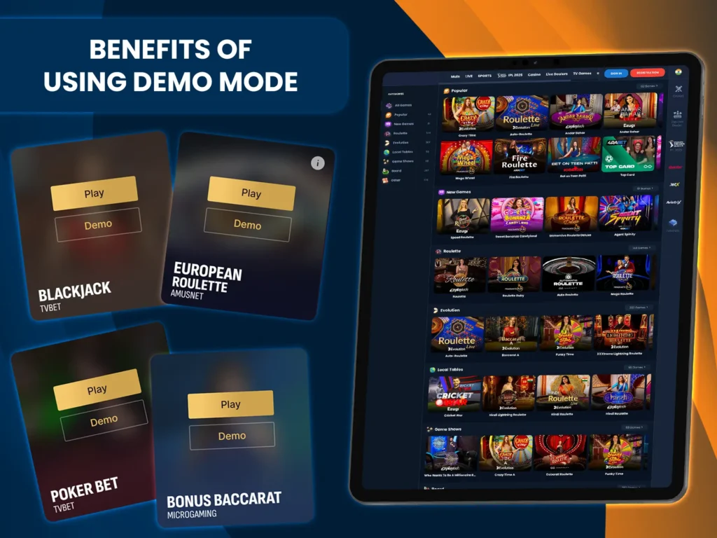 Live casino demo mode lets players learn, practice, and enjoy games risk-free.