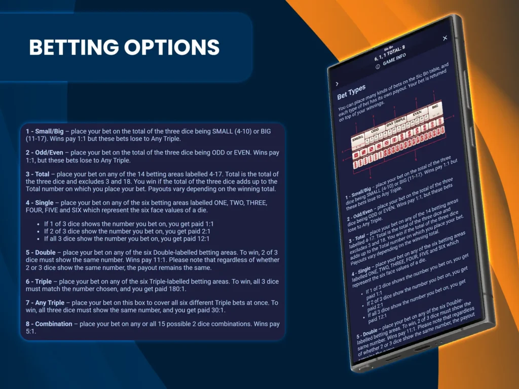 Sic Bo at live casino offers multiple bets with varying odds wager on totals, numbers, or combinations.