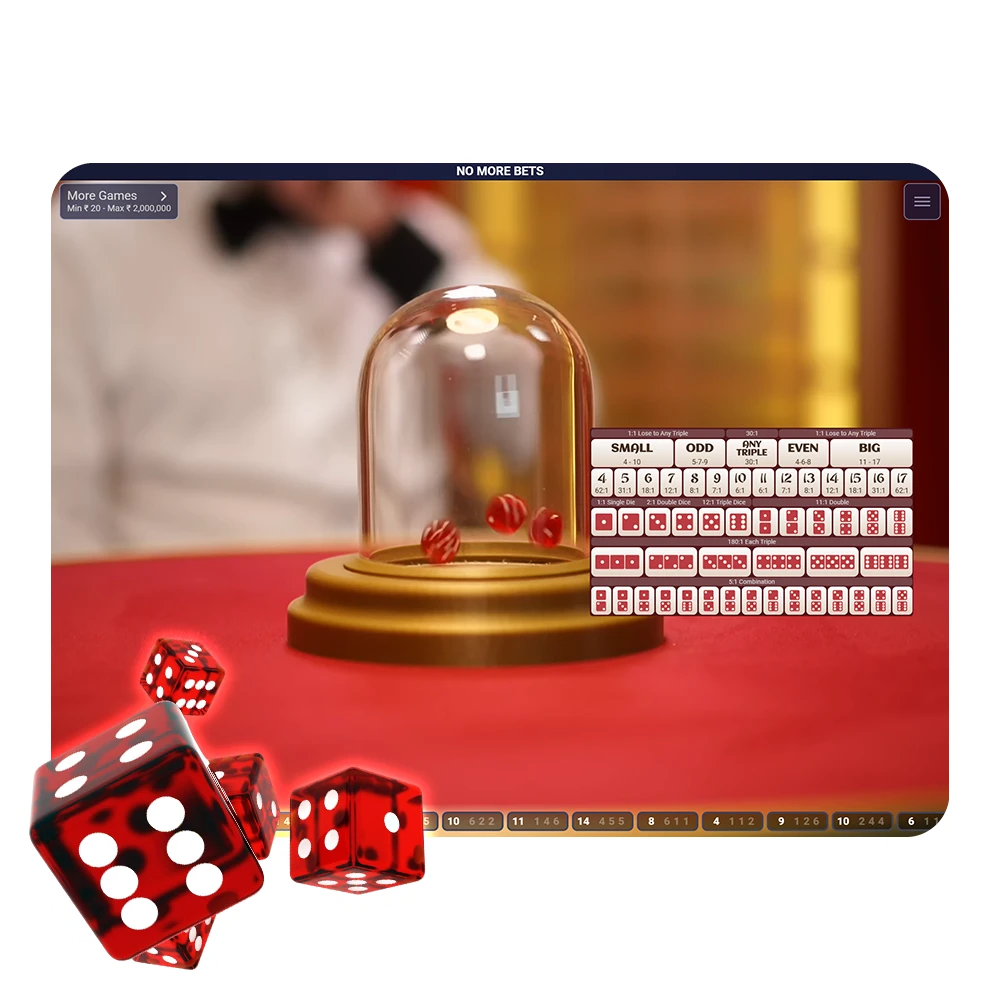Sic Bo at live casino is a fast-paced dice game where players bet on the outcome of three rolled dice.