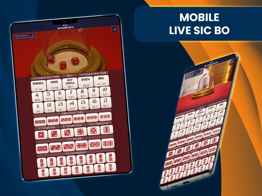 Enjoy Sic Bo at live casino anywhere with optimized mobile play for iOS and Android.