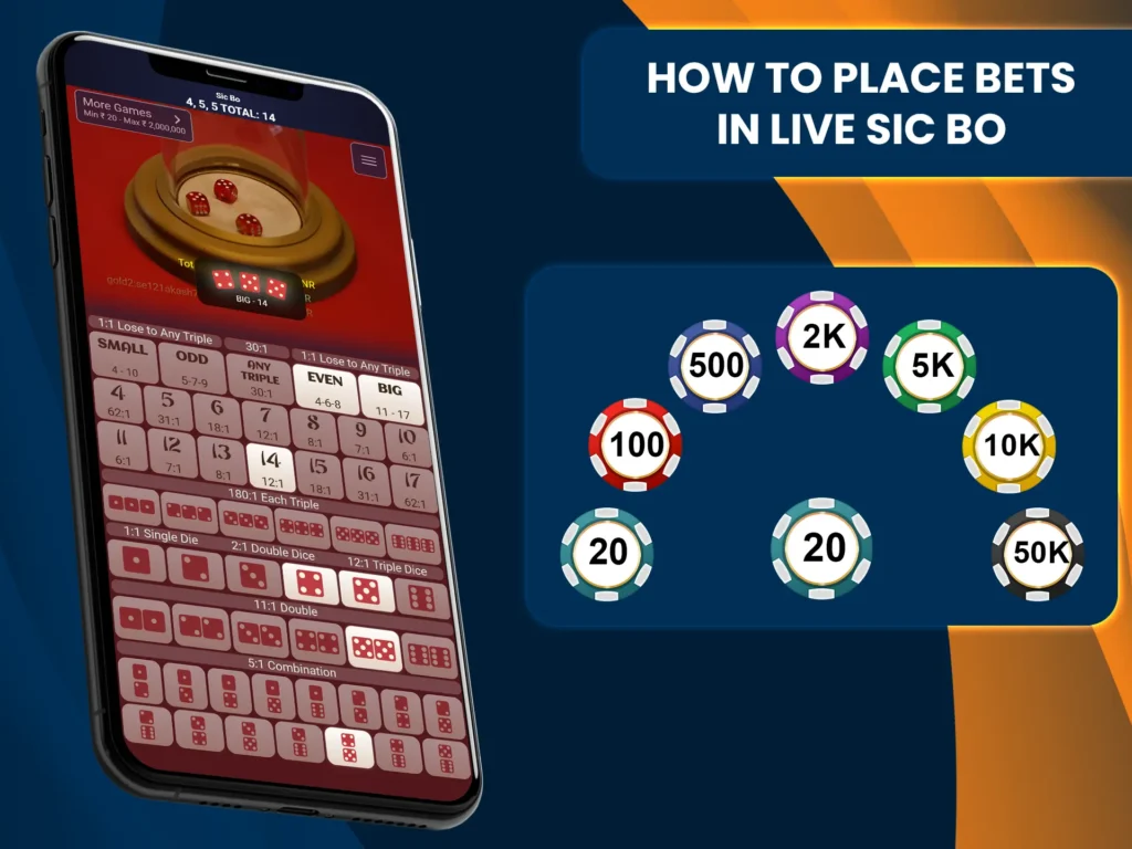 In Sic Bo at the live casino, choose an amount, bet area and wait for the dealer to roll the dice.