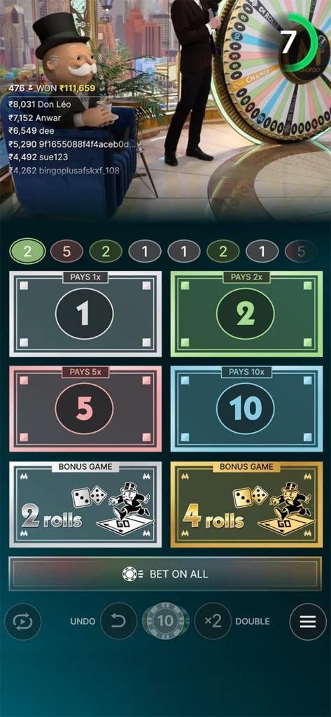 Betting at Monopoly in a live casino.