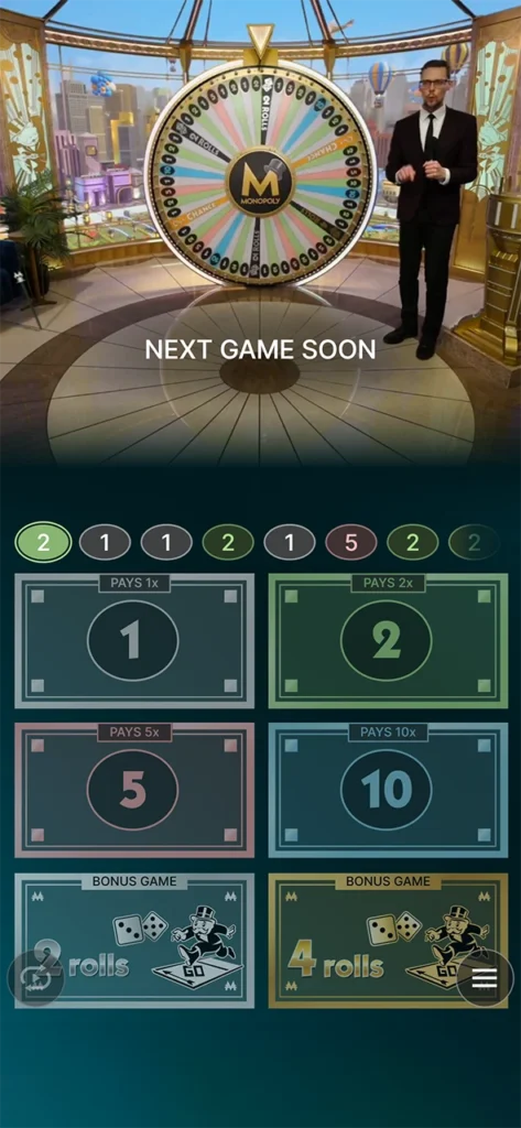 Monopoly's main screen in a live casino.