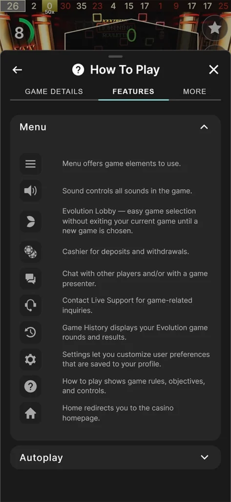 The navigation elements in Roulette in a live casino.