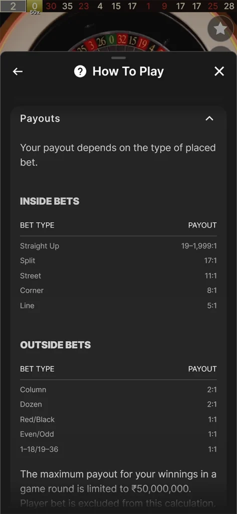 Roulette payouts in a live casino.