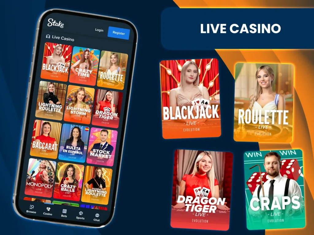 Stake's Live Casino offers real-time games with live dealers.
