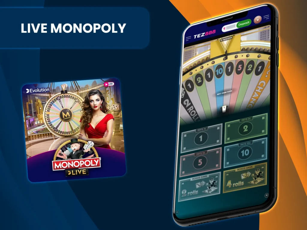 Play Live Monopoly at Tez888, which combines the classic board game with a money wheel.