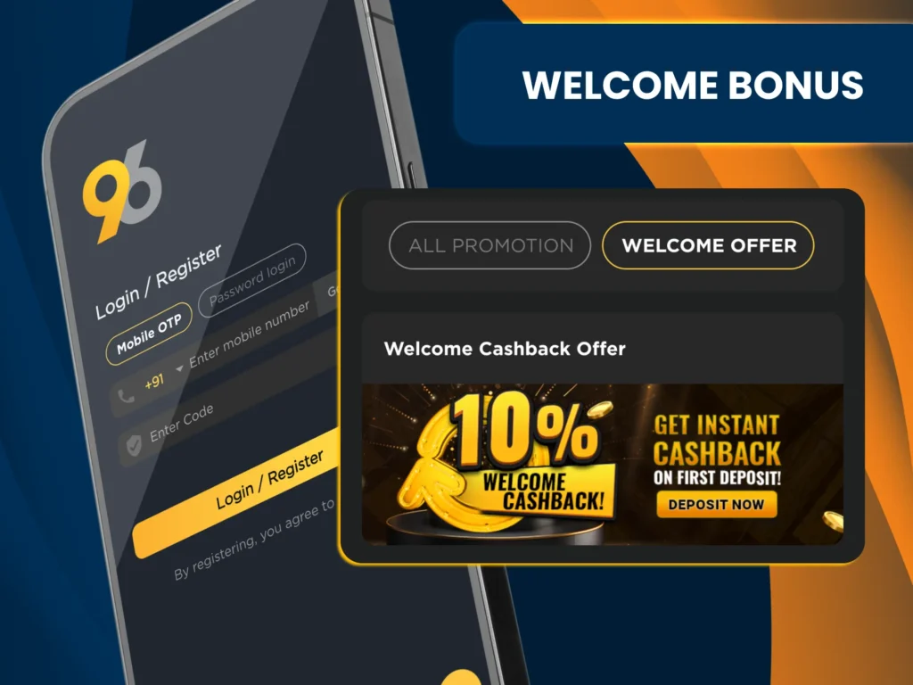 96in splits its welcome offer between casino and sports betting.