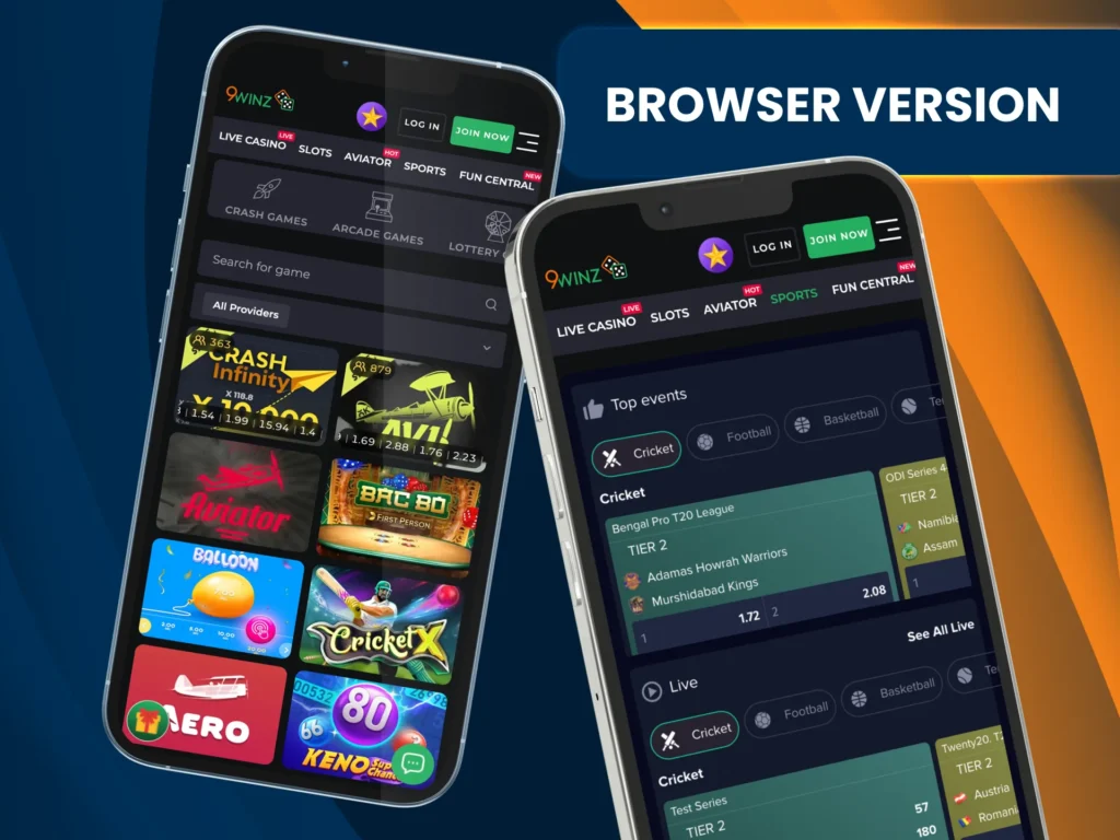 Enjoy live casino and slots on 9Winz without downloading an app.