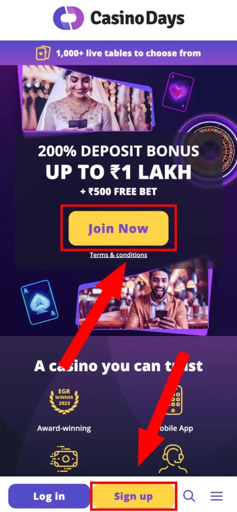 Casino Days shows its registration option clearly in the upper corner.
