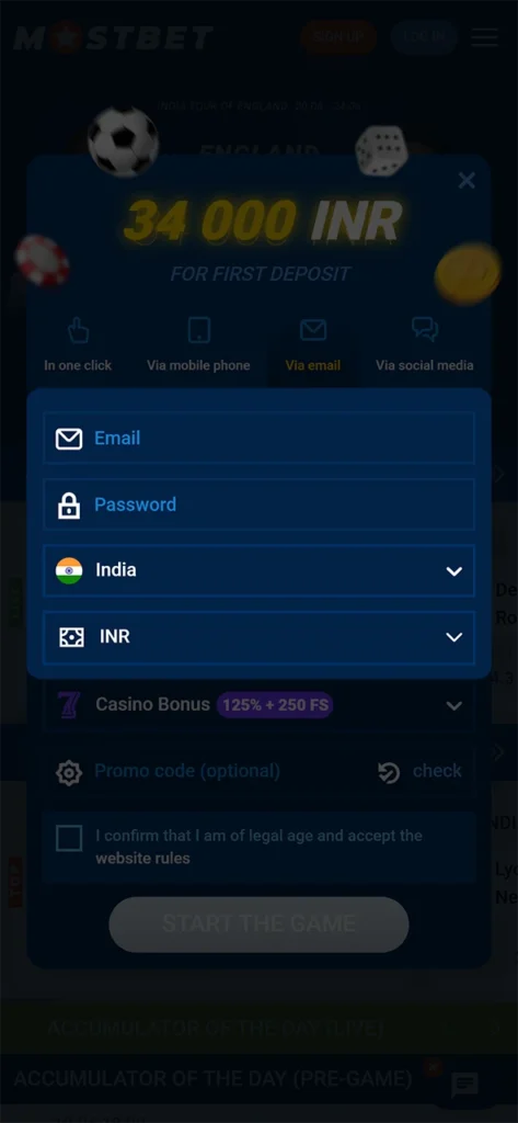 Fill in the required fields to register at Mostbet.