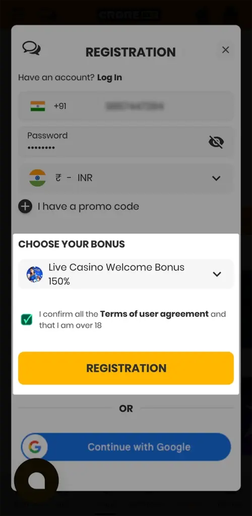 Confirm your participation in Crorebet Casino and complete the registration process.