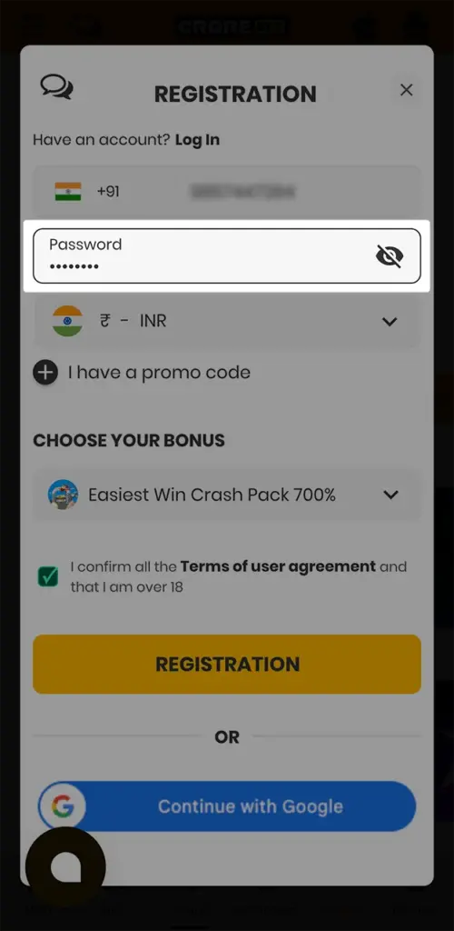 Create a complex password on the Crorebet website.
