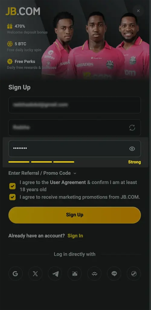 Create a strong password to ensure maximum security on the JB Casino website.